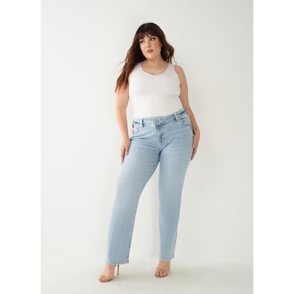 True Religion Ricki Relaxed Straight Leg Crossover Waistband Light Wash Jeans - Picture 2 of 11
